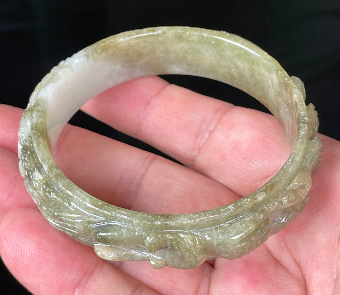 Natural Certified Burmese Jadeite Jade Bangle – Icy Apple & Forest Green with Milky White Hues – Hand-Carved Dragon Motif – 58.9mm – JB208