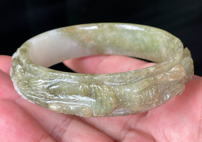 Natural Certified Burmese Jadeite Jade Bangle – Icy Apple & Forest Green with Milky White Hues – Hand-Carved Dragon Motif – 58.9mm – JB208