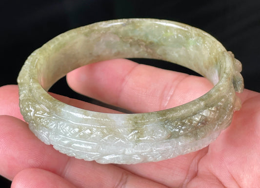 Natural Certified Burmese Jadeite Jade Bangle – Icy Apple & Forest Green with Milky White Hues – Hand-Carved Dragon Motif – 58.9mm – JB208