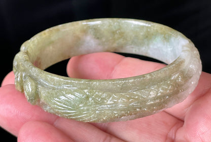 Natural Certified Burmese Jadeite Jade Bangle – Icy Apple & Forest Green with Milky White Hues – Hand-Carved Dragon Motif – 58.9mm – JB208
