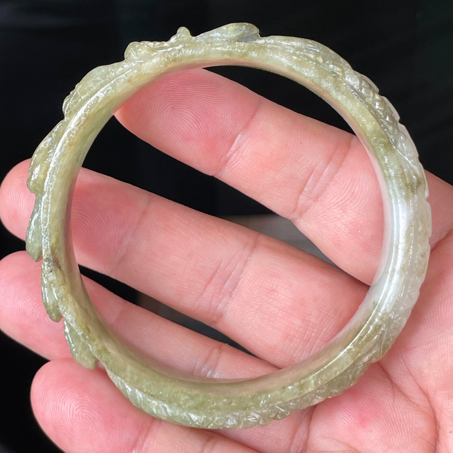 Natural Certified Burmese Jadeite Jade Bangle – Icy Apple & Forest Green with Milky White Hues – Hand-Carved Dragon Motif – 58.9mm – JB208