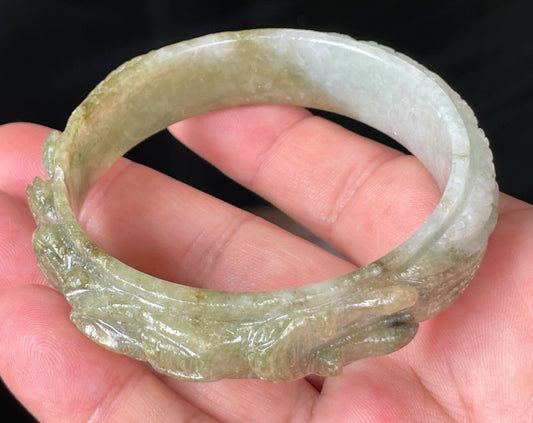 Natural Grade A Certified Burmese Jadeite Jade Bangle – Icy Apple & Forest Green with Milky White Hues – Hand-Carved Dragon Motif – 58.9mm – JB208