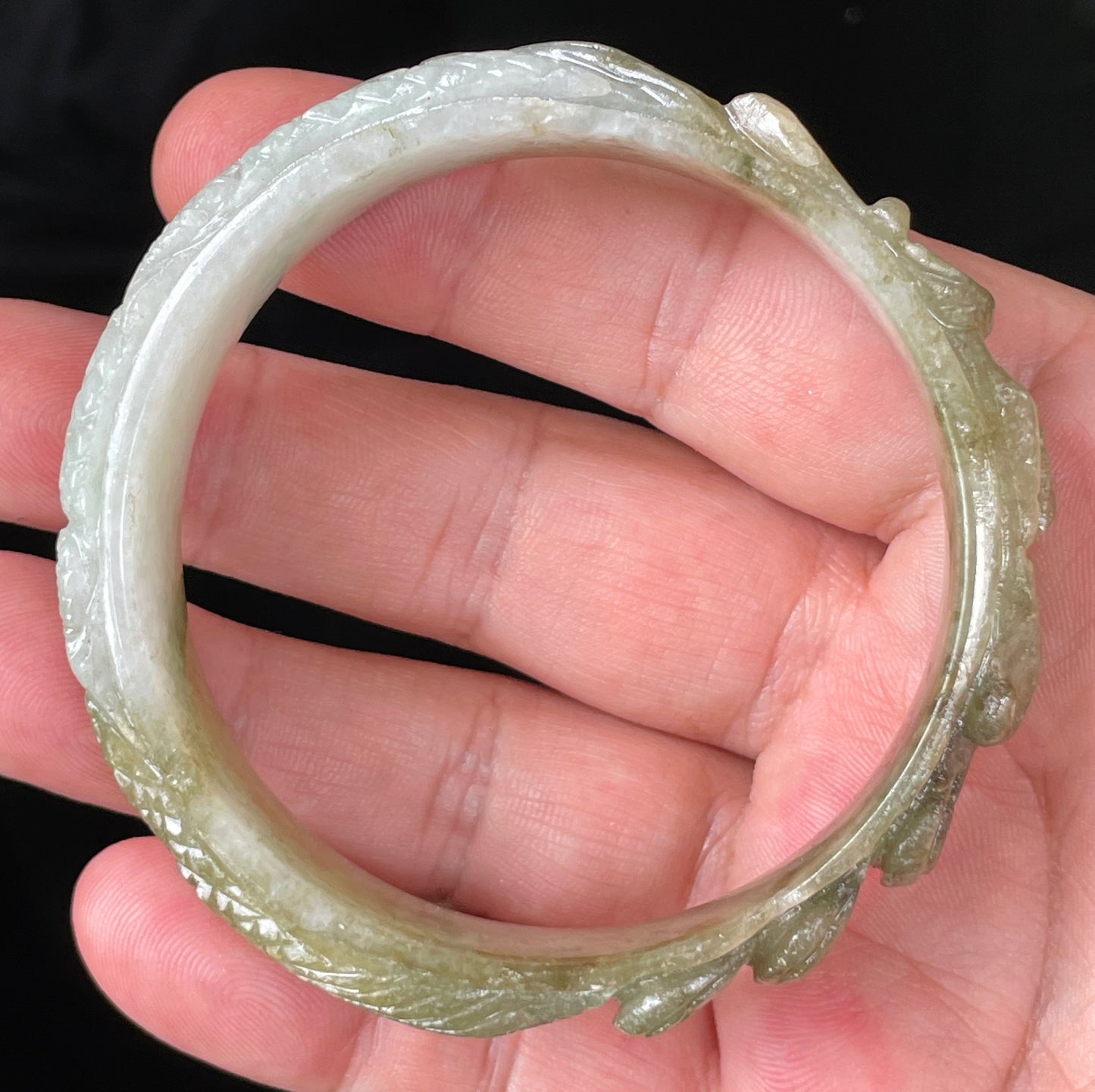 Natural Certified Burmese Jadeite Jade Bangle – Icy Apple & Forest Green with Milky White Hues – Hand-Carved Dragon Motif – 58.9mm – JB208