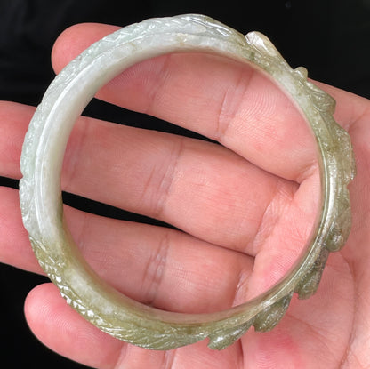 Natural Certified Burmese Jadeite Jade Bangle – Icy Apple & Forest Green with Milky White Hues – Hand-Carved Dragon Motif – 58.9mm – JB208