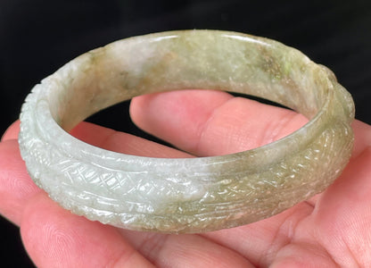 Natural Certified Burmese Jadeite Jade Bangle – Icy Apple & Forest Green with Milky White Hues – Hand-Carved Dragon Motif – 58.9mm – JB208