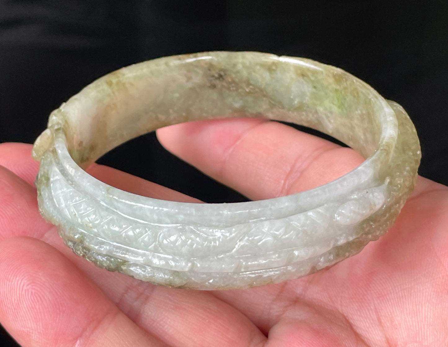 Natural Certified Burmese Jadeite Jade Bangle – Icy Apple & Forest Green with Milky White Hues – Hand-Carved Dragon Motif – 58.9mm – JB208