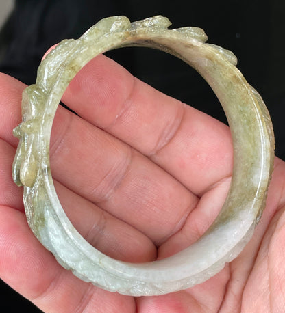 Natural Certified Burmese Jadeite Jade Bangle – Icy Apple & Forest Green with Milky White Hues – Hand-Carved Dragon Motif – 58.9mm – JB208