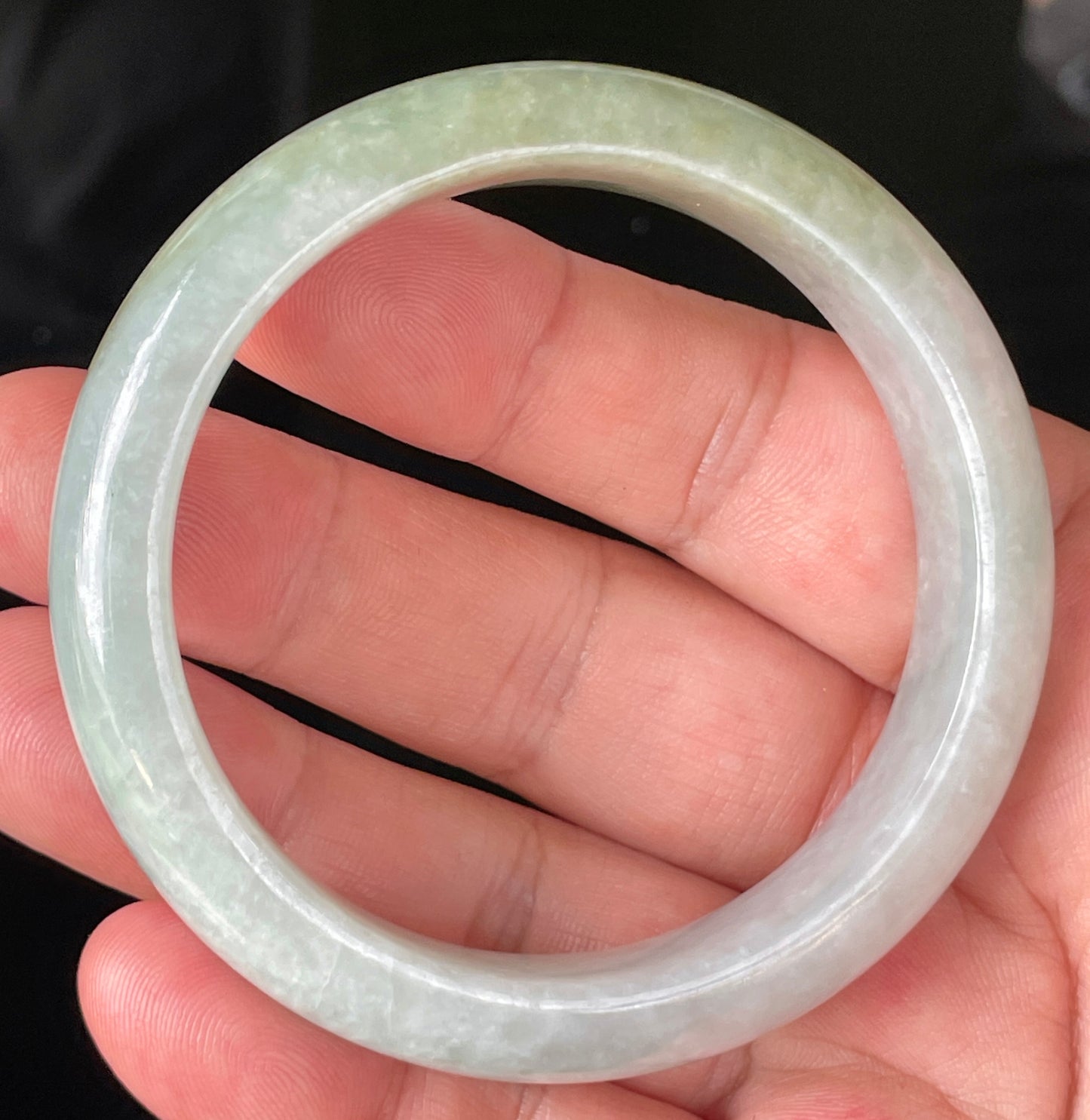 Natural Certified Burmese Jadeite Jade Bangle – Icy Apple Green & Greyish Milky White with Light Lavender Hues – 56.2mm – JB203