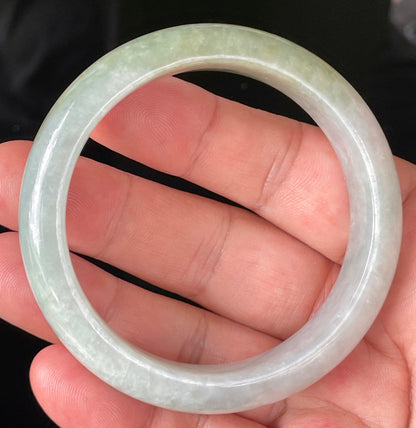 Natural Certified Burmese Jadeite Jade Bangle – Icy Apple Green & Greyish Milky White with Light Lavender Hues – 56.2mm – JB203