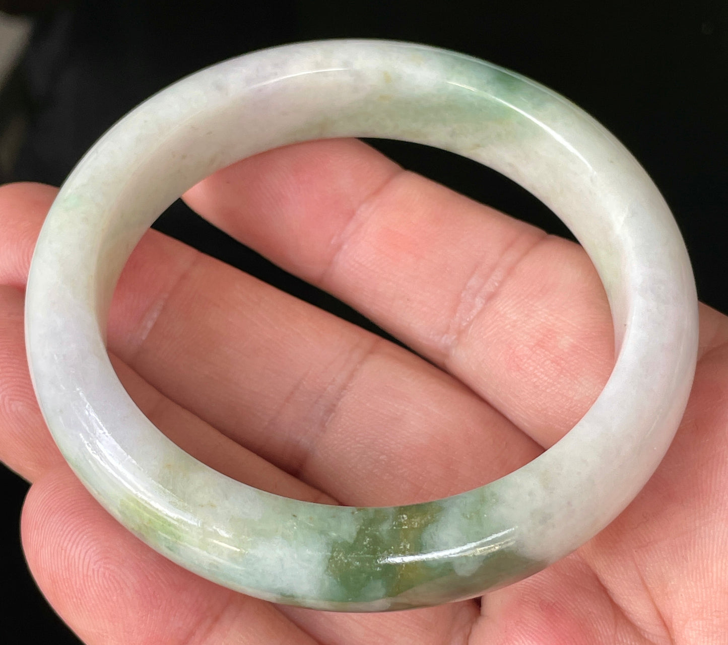 Natural Certified Burmese Jadeite Jade Bangle – Icy Milky White & Light Lavender with Apple & Imperial Green Hues – 56.8mm – JB215