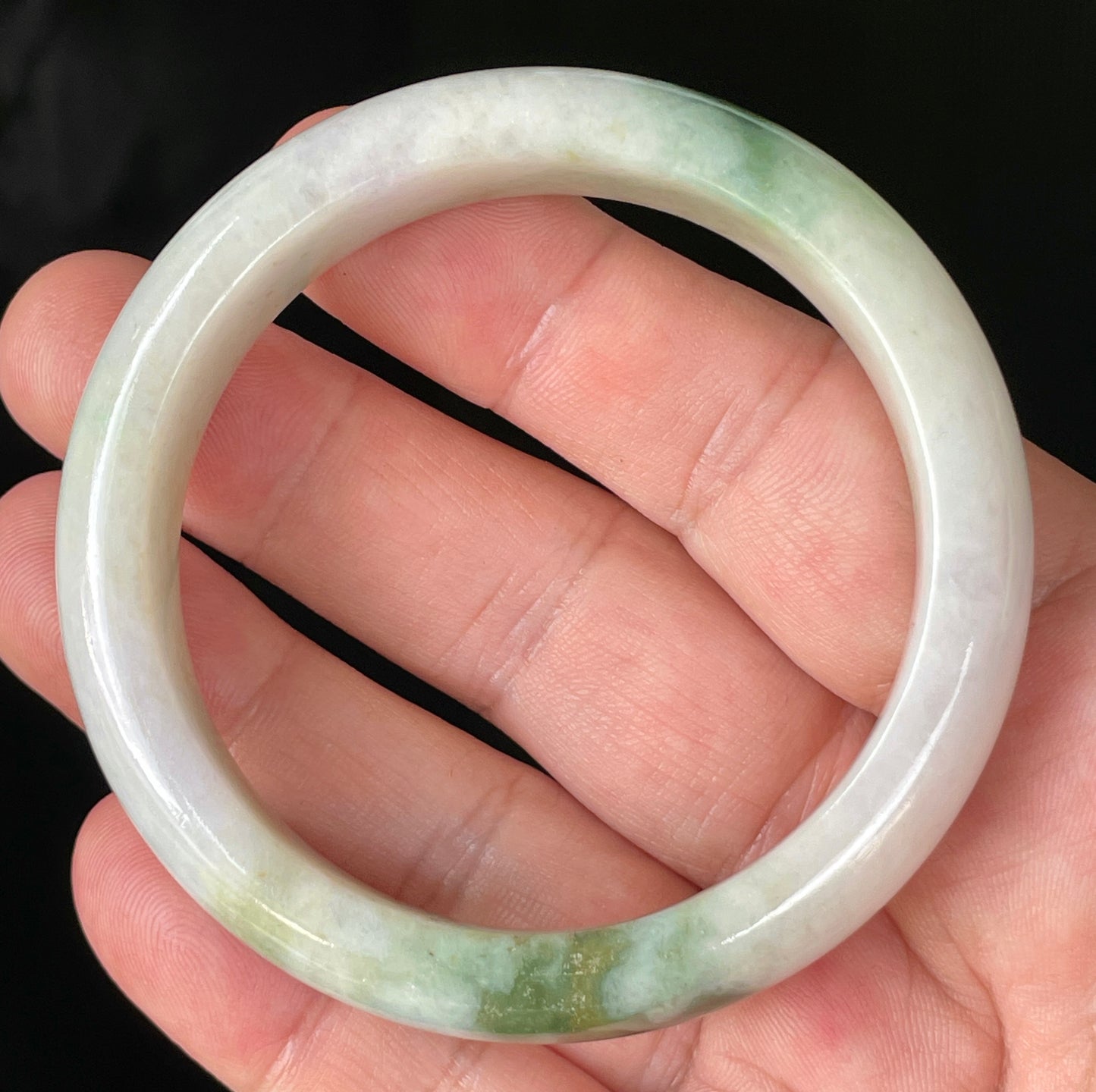 Natural Certified Burmese Jadeite Jade Bangle – Icy Milky White & Light Lavender with Apple & Imperial Green Hues – 56.8mm – JB215