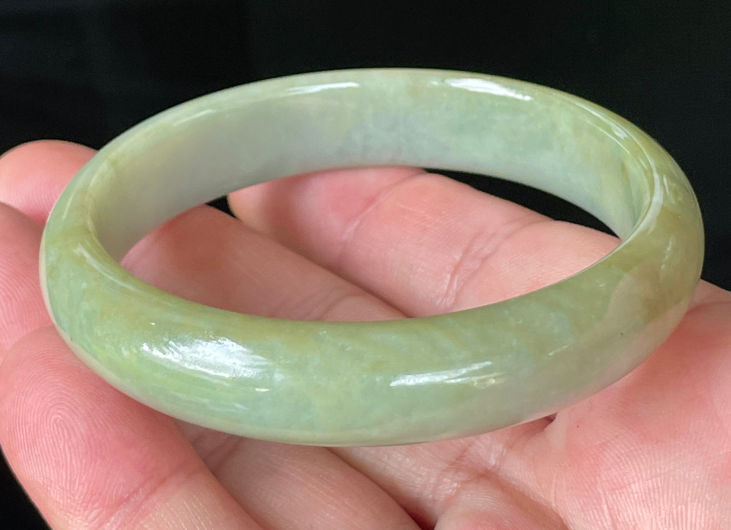 Natural Certified Burmese Jadeite Jade Bangle – Icy Apple Green & Bluish Milky White with Honey Hues – 59mm – JB213