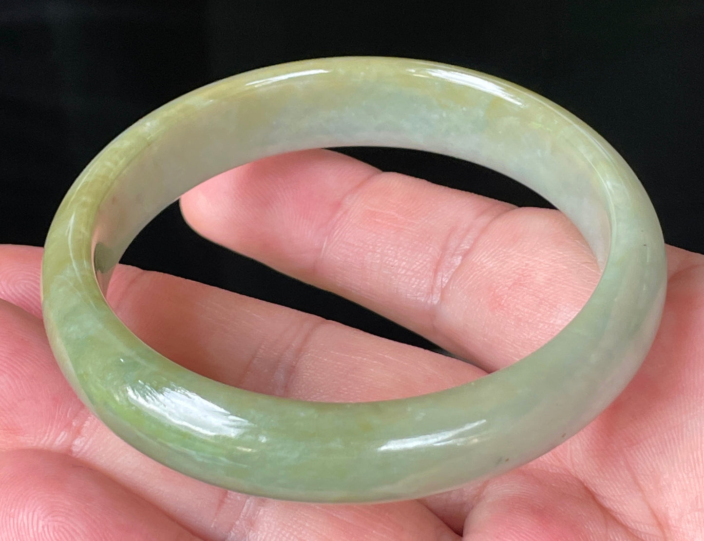Natural Certified Burmese Jadeite Jade Bangle – Icy Apple Green & Bluish Milky White with Honey Hues – 59mm – JB213