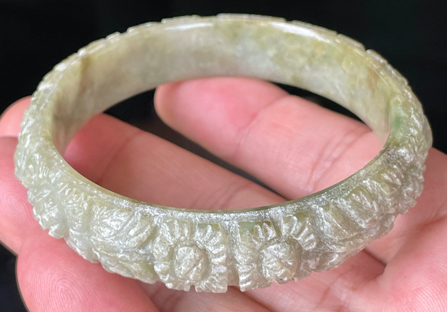 Natural Certified Burmese Jadeite Jade Bangle – Icy Apple Green & Milky White – Hand-Carved Floral Motif – 57.4mm – JB207