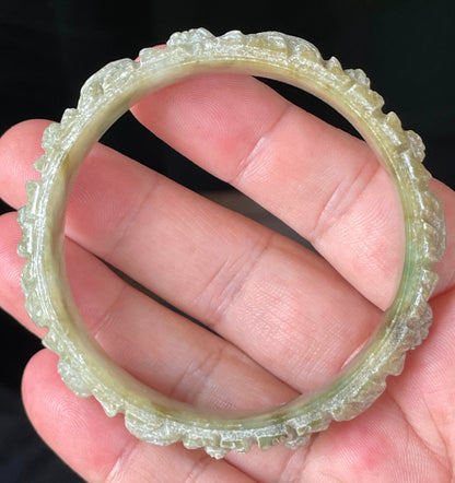 Natural Certified Burmese Jadeite Jade Bangle – Icy Apple Green & Milky White – Hand-Carved Floral Motif – 57.4mm – JB207