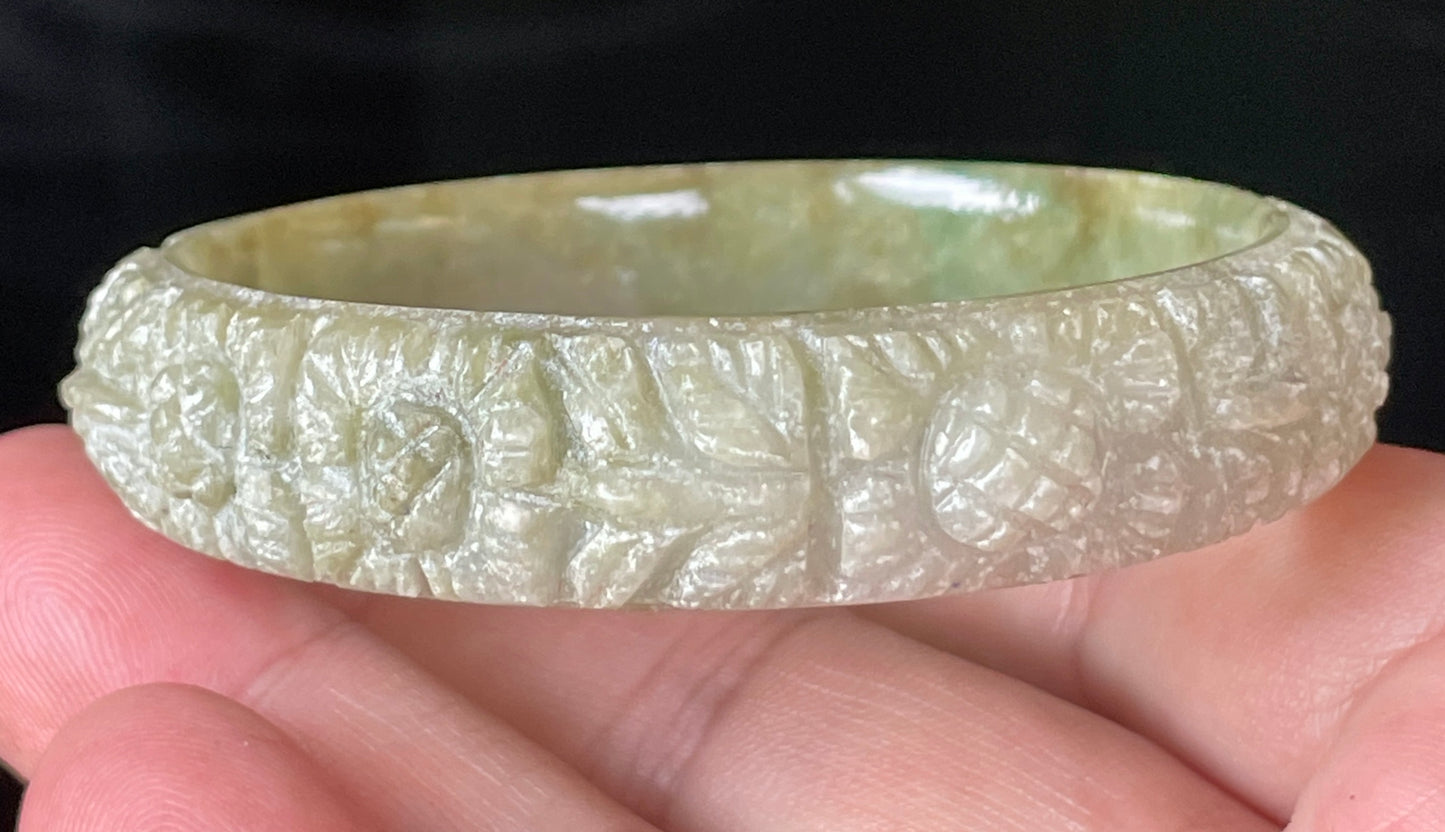 Natural Certified Burmese Jadeite Jade Bangle – Icy Apple Green & Milky White – Hand-Carved Floral Motif – 57.4mm – JB207