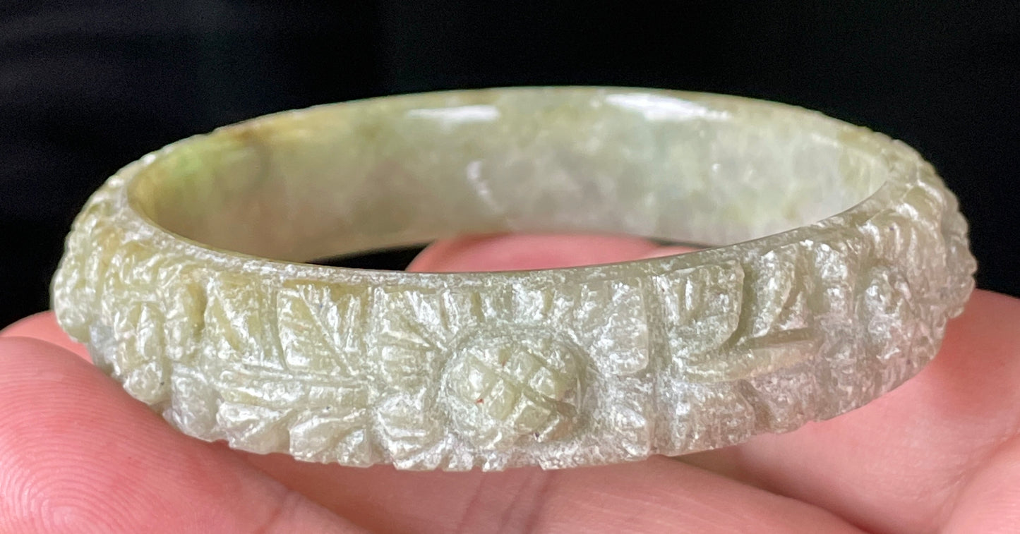 Natural Certified Burmese Jadeite Jade Bangle – Icy Apple Green & Milky White – Hand-Carved Floral Motif – 57.4mm – JB207