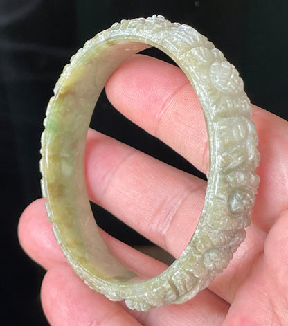 Natural Certified Burmese Jadeite Jade Bangle – Icy Apple Green & Milky White – Hand-Carved Floral Motif – 57.4mm – JB207