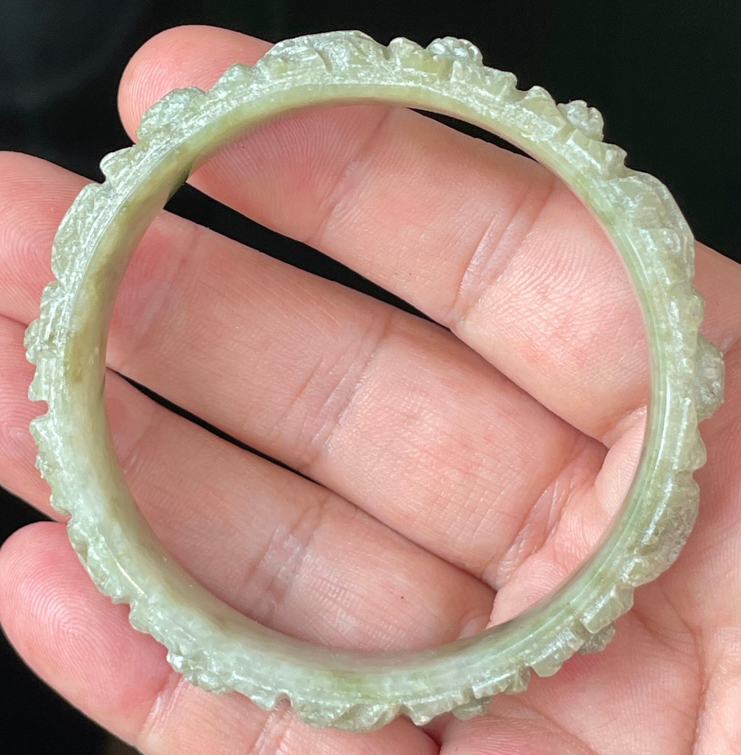 Natural Certified Burmese Jadeite Jade Bangle – Icy Apple Green & Milky White – Hand-Carved Floral Motif – 57.4mm – JB207