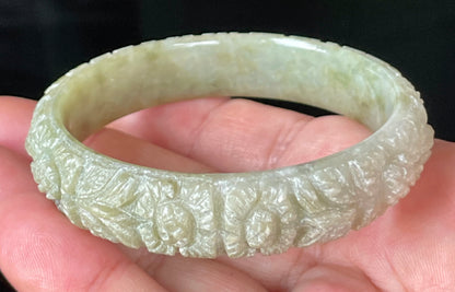 Natural Certified Burmese Jadeite Jade Bangle – Icy Apple Green & Milky White – Hand-Carved Floral Motif – 57.4mm – JB207