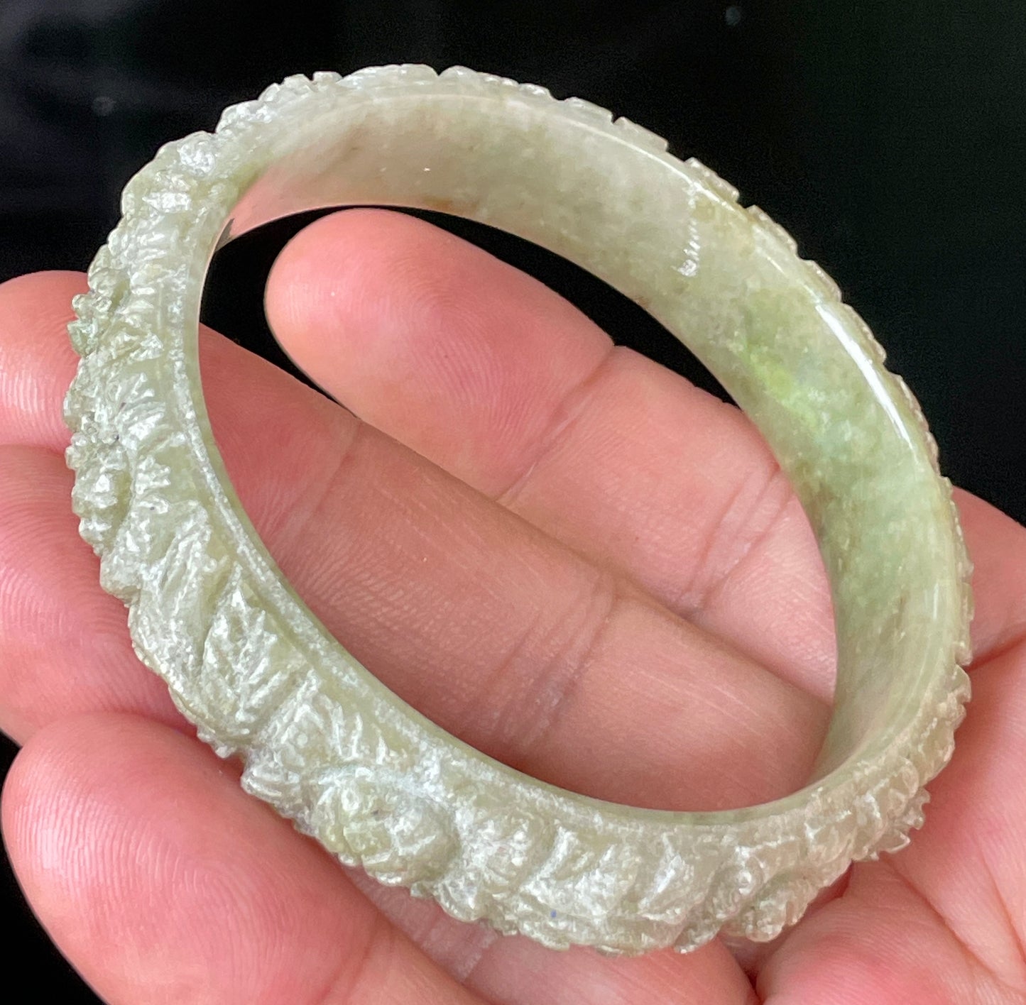 Natural Certified Burmese Jadeite Jade Bangle – Icy Apple Green & Milky White – Hand-Carved Floral Motif – 57.4mm – JB207