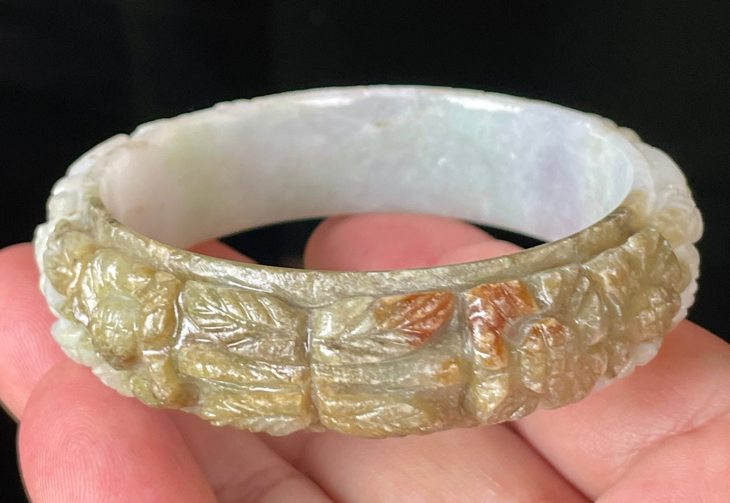 Natural Certified Burmese Jadeite Jade Bangle – Icy Forest Green, Honey Orange & Milky White – Hand-Carved Floral Motif – 58.7mm – JB206