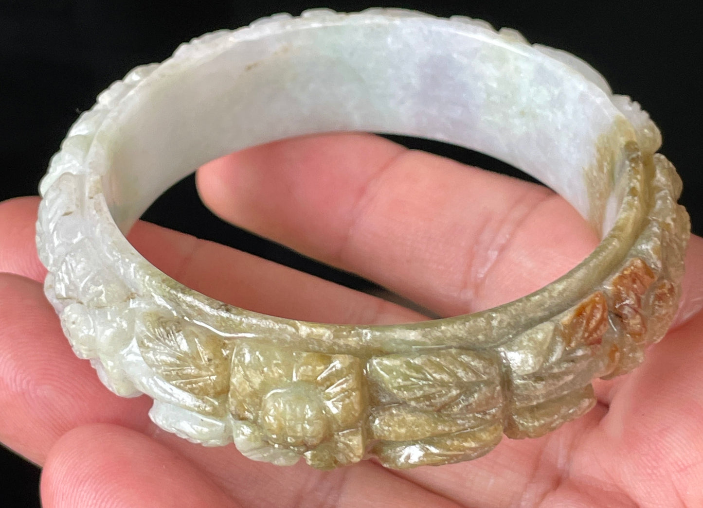 Natural Certified Burmese Jadeite Jade Bangle – Icy Forest Green, Honey Orange & Milky White – Hand-Carved Floral Motif – 58.7mm – JB206