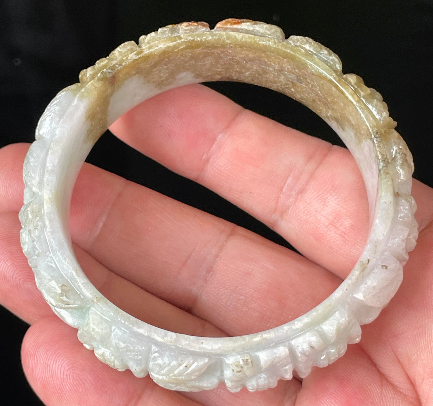 Natural Certified Burmese Jadeite Jade Bangle – Icy Forest Green, Honey Orange & Milky White – Hand-Carved Floral Motif – 58.7mm – JB206