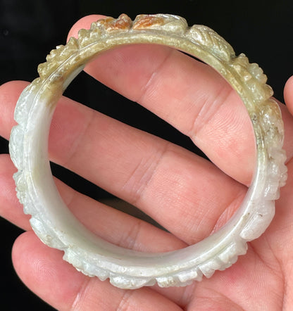 Natural Certified Burmese Jadeite Jade Bangle – Icy Forest Green, Honey Orange & Milky White – Hand-Carved Floral Motif – 58.7mm – JB206