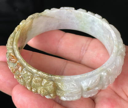 Natural Certified Burmese Jadeite Jade Bangle – Icy Forest Green, Honey Orange & Milky White – Hand-Carved Floral Motif – 58.7mm – JB206