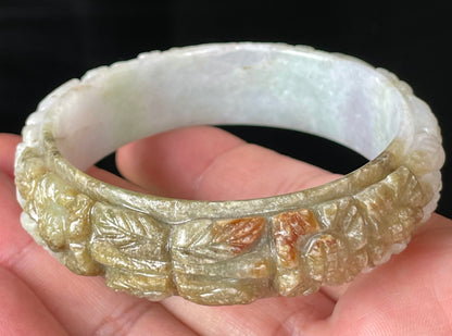 Natural Certified Burmese Jadeite Jade Bangle – Icy Forest Green, Honey Orange & Milky White – Hand-Carved Floral Motif – 58.7mm – JB206