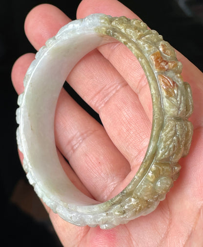 Natural Certified Burmese Jadeite Jade Bangle – Icy Forest Green, Honey Orange & Milky White – Hand-Carved Floral Motif – 58.7mm – JB206