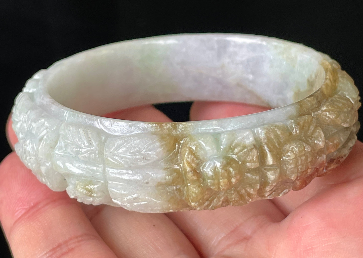 Natural Certified Burmese Jadeite Jade Bangle – Icy Forest Green, Honey Orange & Milky White – Hand-Carved Floral Motif – 58.7mm – JB206