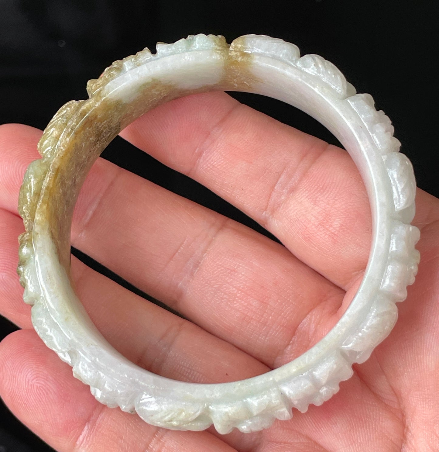 Natural Certified Burmese Jadeite Jade Bangle – Icy Forest Green, Honey Orange & Milky White – Hand-Carved Floral Motif – 58.7mm – JB206