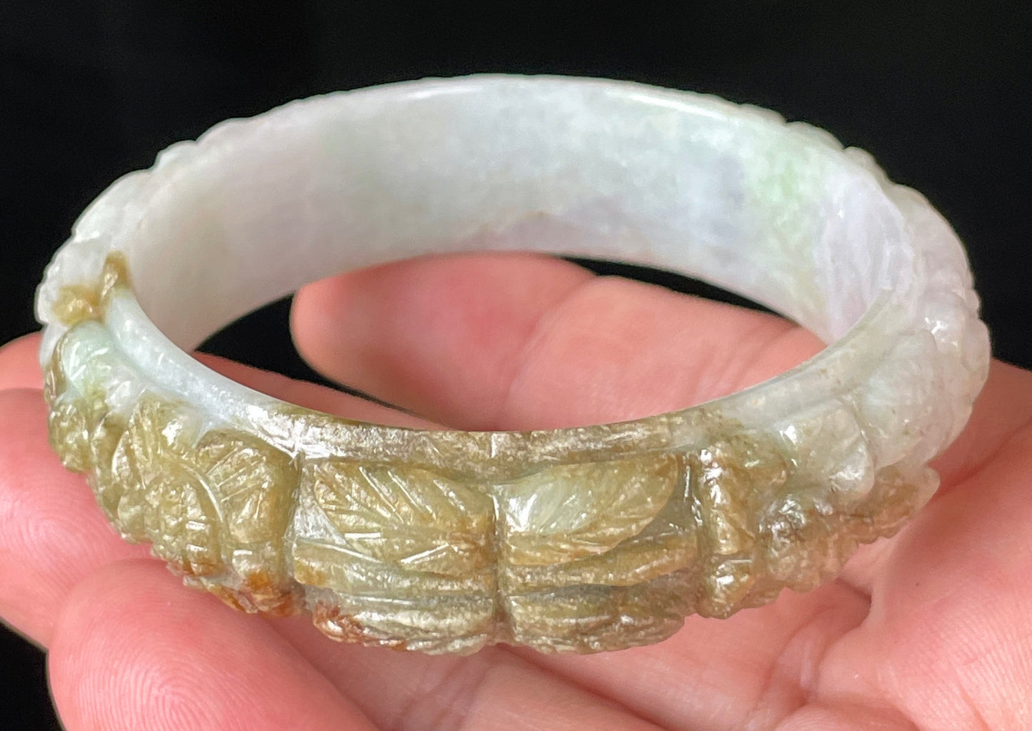 Natural Certified Burmese Jadeite Jade Bangle – Icy Forest Green, Honey Orange & Milky White – Hand-Carved Floral Motif – 58.7mm – JB206