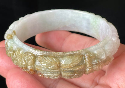 Natural Certified Burmese Jadeite Jade Bangle – Icy Forest Green, Honey Orange & Milky White – Hand-Carved Floral Motif – 58.7mm – JB206