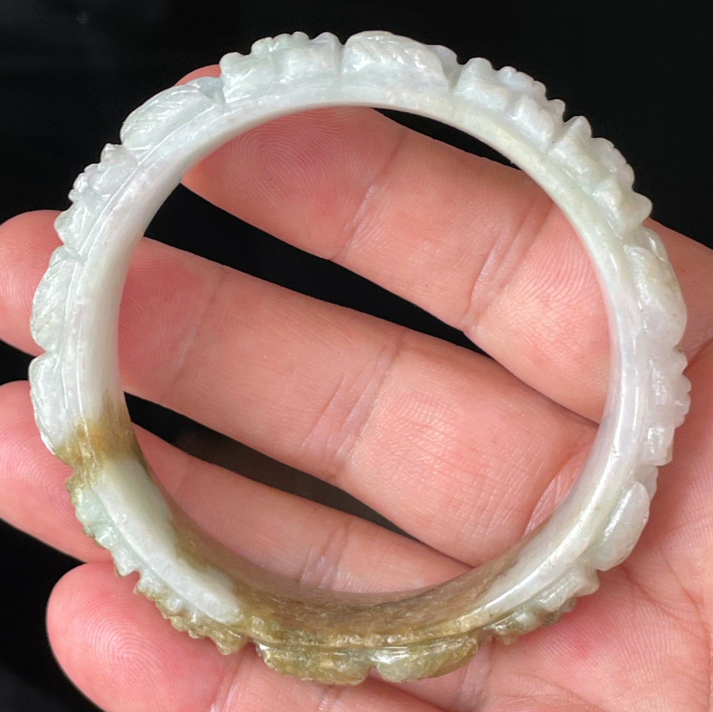 Natural Certified Burmese Jadeite Jade Bangle – Icy Forest Green, Honey Orange & Milky White – Hand-Carved Floral Motif – 58.7mm – JB206