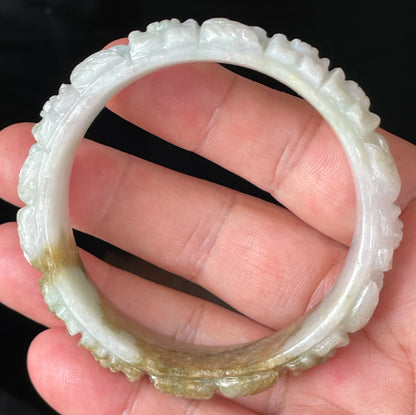 Natural Certified Burmese Jadeite Jade Bangle – Icy Forest Green, Honey Orange & Milky White – Hand-Carved Floral Motif – 58.7mm – JB206