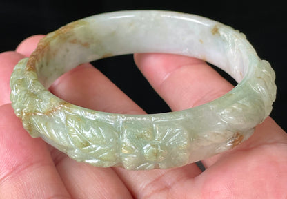 Natural Certified Burmese Jadeite Jade Bangle – Icy Apple Green with Milky White & Honey Orange Veins – Hand-Carved Floral Motif – 57mm – JB210