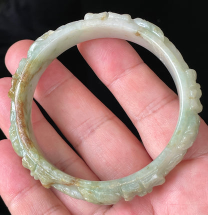 Natural Certified Burmese Jadeite Jade Bangle – Icy Apple Green with Milky White & Honey Orange Veins – Hand-Carved Floral Motif – 57mm – JB210