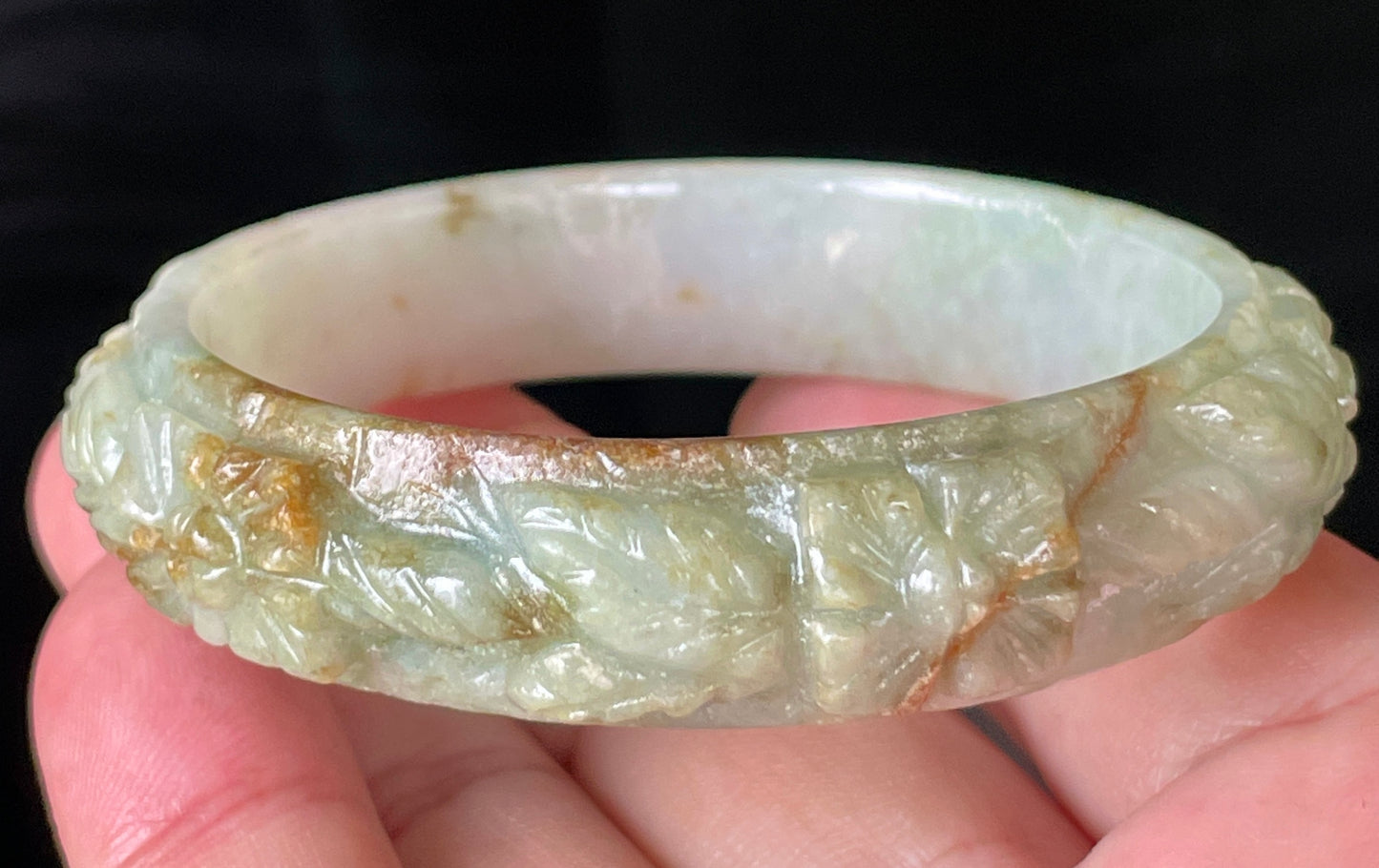 Natural Certified Burmese Jadeite Jade Bangle – Icy Apple Green with Milky White & Honey Orange Veins – Hand-Carved Floral Motif – 57mm – JB210