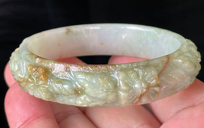 Natural Certified Burmese Jadeite Jade Bangle – Icy Apple Green with Milky White & Honey Orange Veins – Hand-Carved Floral Motif – 57mm – JB210