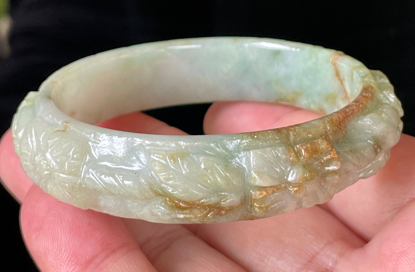 Natural Certified Burmese Jadeite Jade Bangle – Icy Apple Green with Milky White & Honey Orange Veins – Hand-Carved Floral Motif – 57mm – JB210