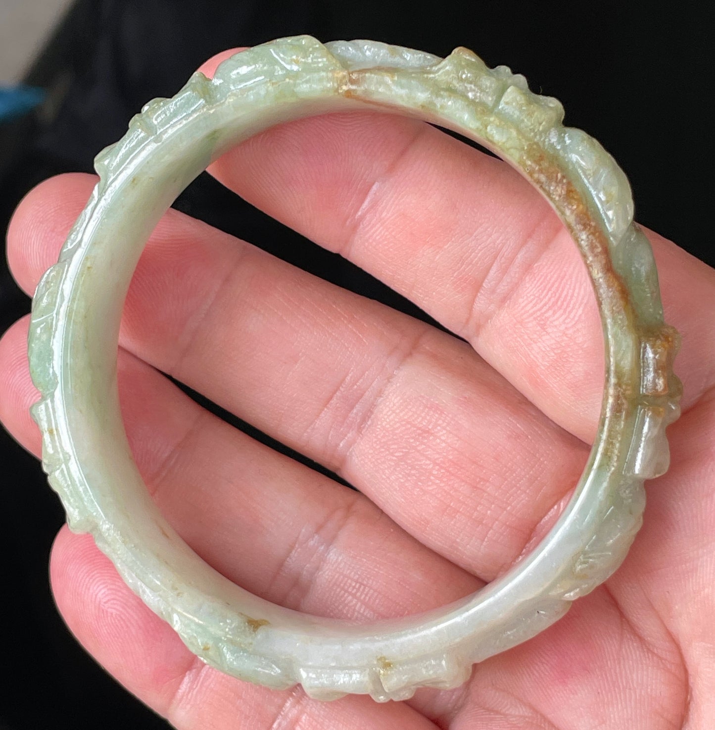 Natural Certified Burmese Jadeite Jade Bangle – Icy Apple Green with Milky White & Honey Orange Veins – Hand-Carved Floral Motif – 57mm – JB210