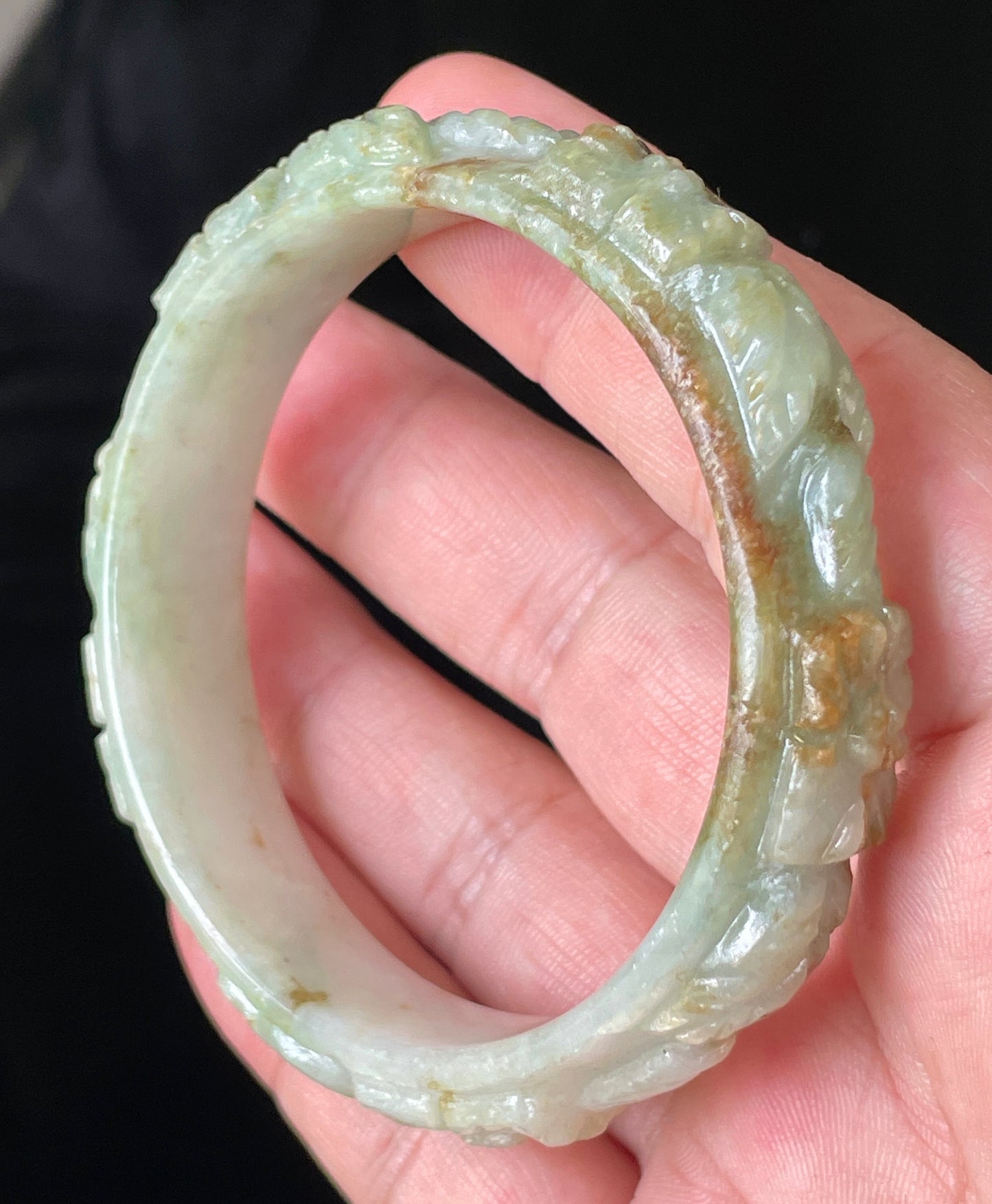 Natural Certified Burmese Jadeite Jade Bangle – Icy Apple Green with Milky White & Honey Orange Veins – Hand-Carved Floral Motif – 57mm – JB210