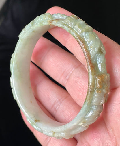 Natural Certified Burmese Jadeite Jade Bangle – Icy Apple Green with Milky White & Honey Orange Veins – Hand-Carved Floral Motif – 57mm – JB210