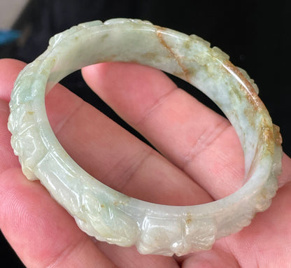 Natural Certified Burmese Jadeite Jade Bangle – Icy Apple Green with Milky White & Honey Orange Veins – Hand-Carved Floral Motif – 57mm – JB210