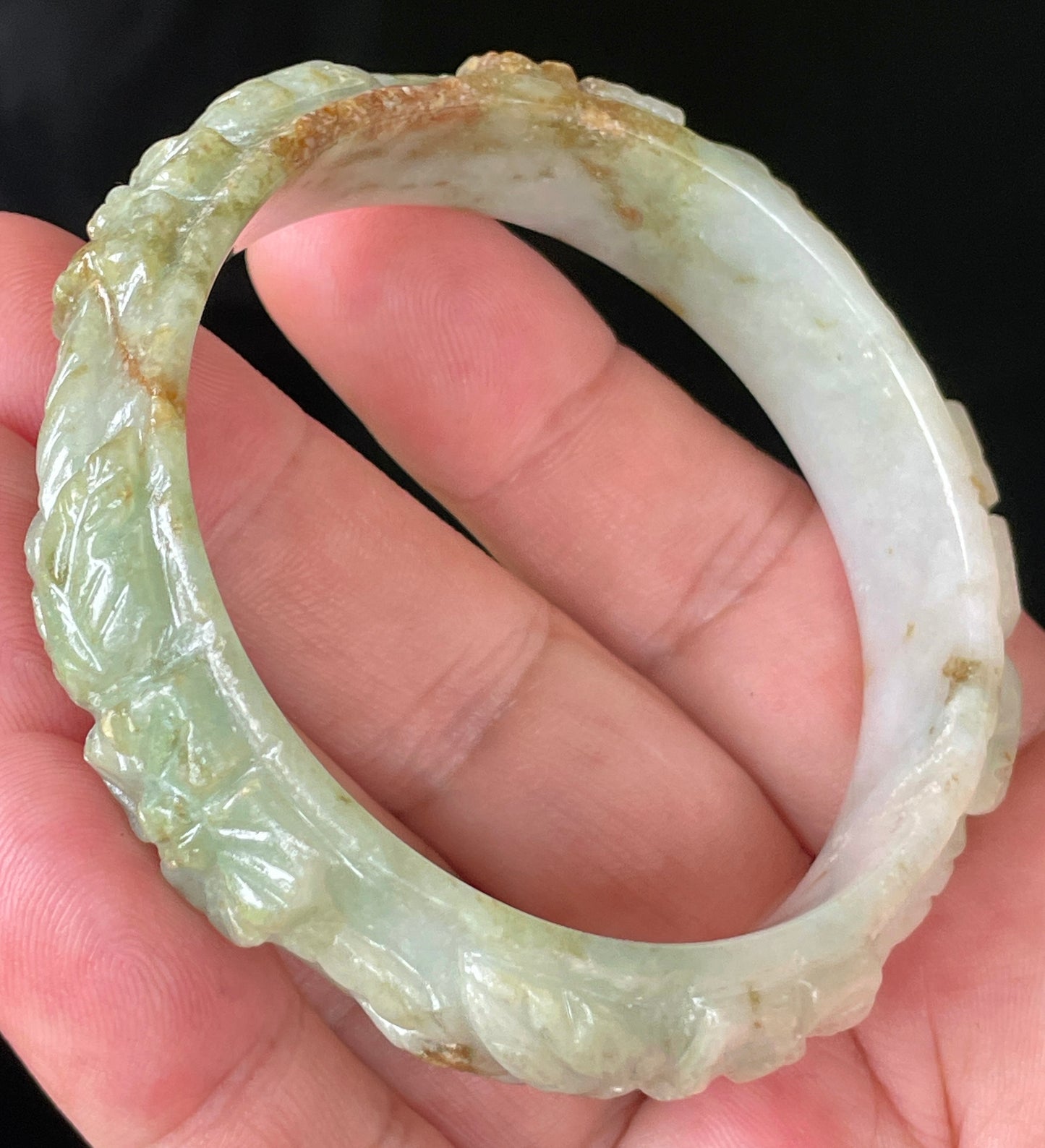 Natural Certified Burmese Jadeite Jade Bangle – Icy Apple Green with Milky White & Honey Orange Veins – Hand-Carved Floral Motif – 57mm – JB210