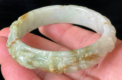 Natural Certified Burmese Jadeite Jade Bangle – Icy Apple Green with Milky White & Honey Orange Veins – Hand-Carved Floral Motif – 57mm – JB210