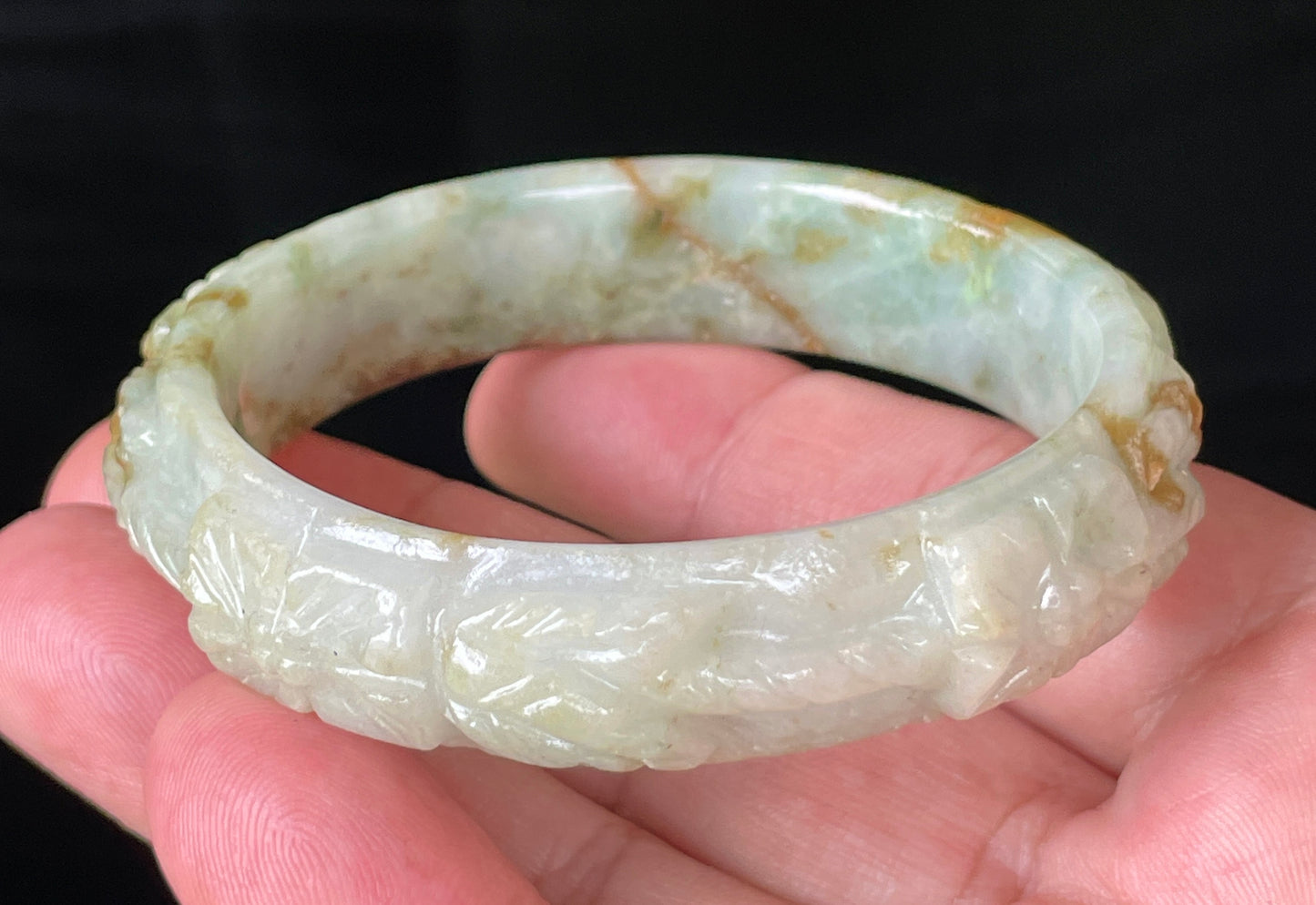 Natural Certified Burmese Jadeite Jade Bangle – Icy Apple Green with Milky White & Honey Orange Veins – Hand-Carved Floral Motif – 57mm – JB210